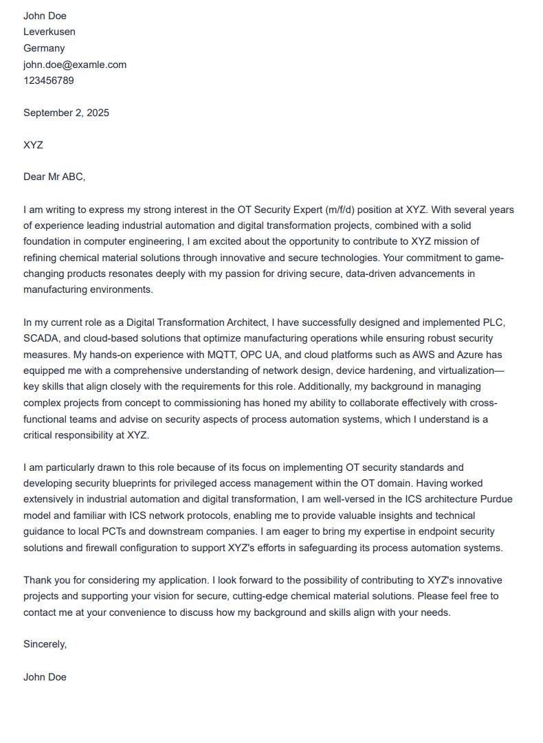 Sample AI-generated cover letter showing professional layout and content