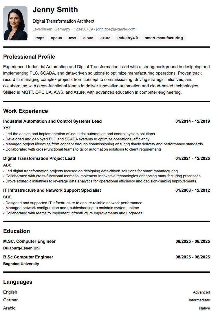 Sample AI-generated resume showing comprehensive sections including work experience, projects, education, certificates, and skills