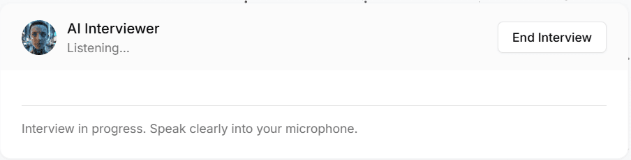 AI Interviewer interface showing real-time interview practice session